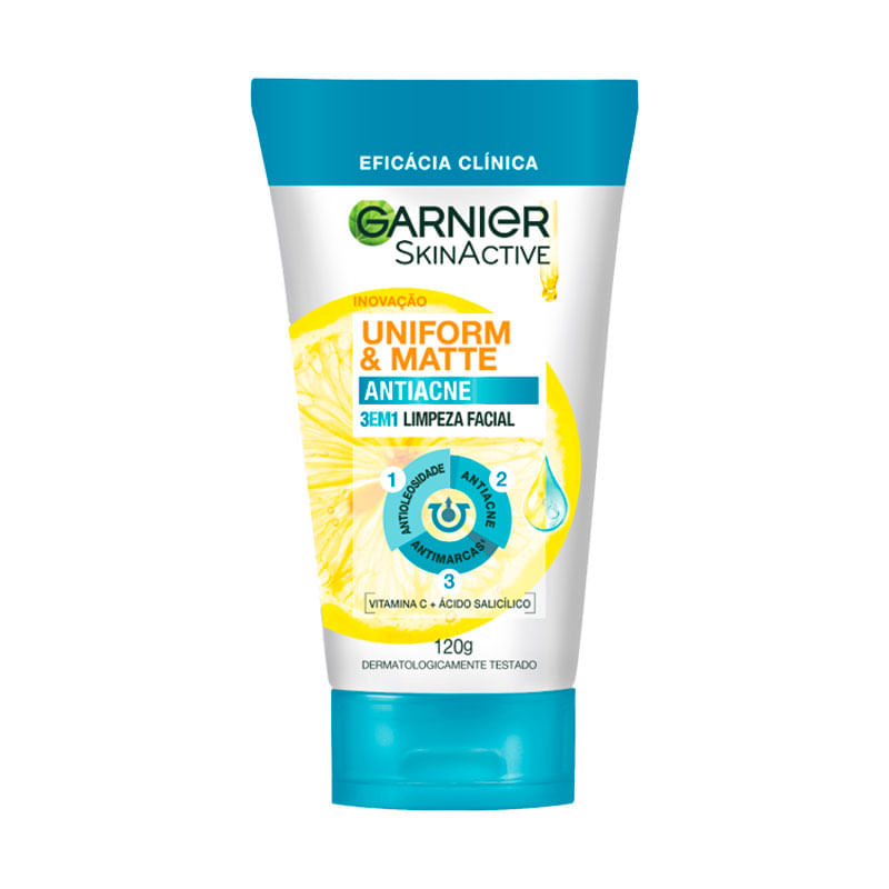 Sabonete Facial 3 Em 1 Garnier Uniform & Matte Antiacne 120g