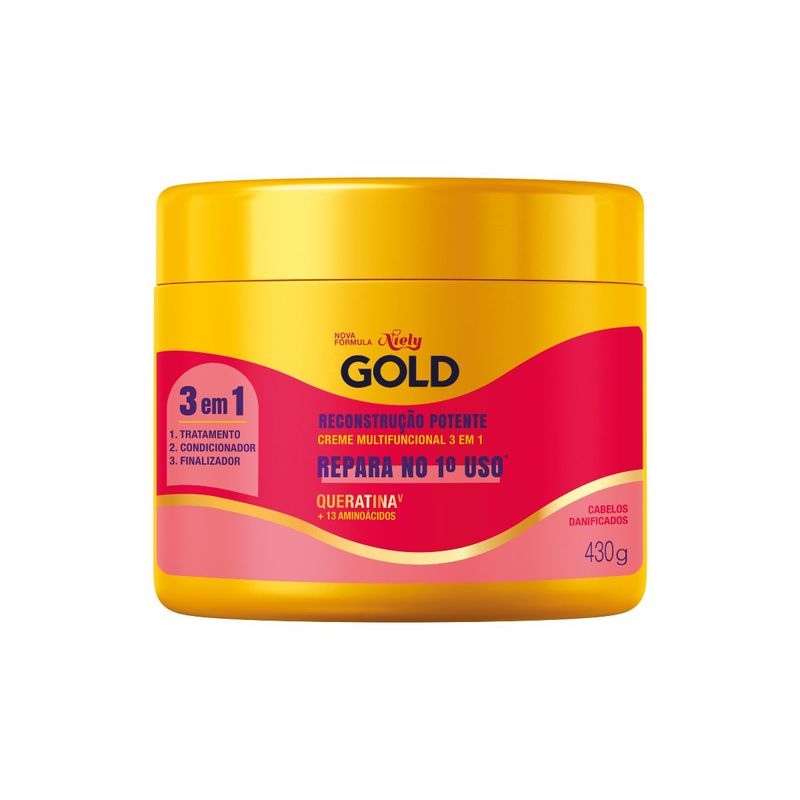 Creme Multifuncional 3 Em 1 Tratamento, Condicionador E Finalizador Queratina V E 13 Aminoácidos Niely Gold Reconstruçao Potente Pot E 430g
